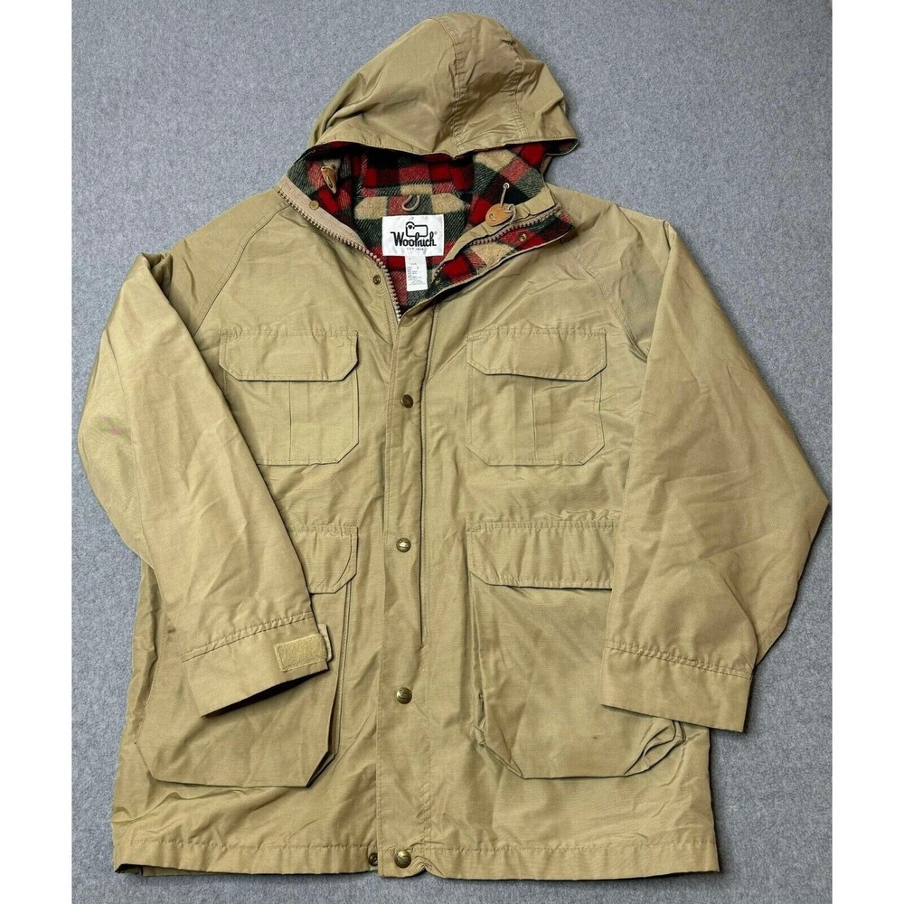 VTG Woolrich Field Jacket Mens Sz M Beige Hooded Flannel Lined Full Zip‎ Chore